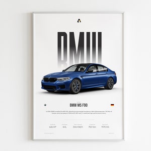 K&ouml;nnte beinhalten: Ein Poster mit einem blauen BMW M5 F90, auf dem der Text "BMW M5 F90" und Spezifikationen wie Leistung, Hubraum, H&ouml;chstgeschwindigkeit, Drehmoment und Gewicht zu sehen sind.