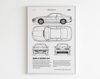Puede incluir: Dibujo en blanco y negro de una línea de un coche BMW Serie 8 E31. El dibujo muestra el coche desde el lateral, la parte superior, la parte delantera y la parte trasera. El texto "BMW 8 Series E31" está impreso debajo de los dibujos. El texto "MINIMAL SUPPLY CO." está impreso en la esquina superior derecha de la imagen.