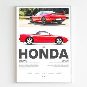 May include: A red Honda NSX sports car with a black interior. The car is shown from the side and the back. The image includes text about the car's engine and specs, including horsepower, torque, engine size, top speed, and weight.