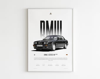 BMW E30 / Impresión de coche alemán / Arte mural de BMW / E30 de la vieja escuela / Póster de BMW / Regalo para amantes de los coches / Lienzo de coche antiguo