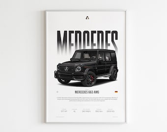 Puede incluir: Un Mercedes G63 AMG negro con la bandera alemana en la esquina inferior derecha. El coche está sobre un fondo blanco. El texto "Mercedes G63 AMG" está debajo del coche. El texto "577 HP, 4L, 240 KM/H, 850 Nm, 2500 KG" está debajo del texto "Mercedes G63 AMG".