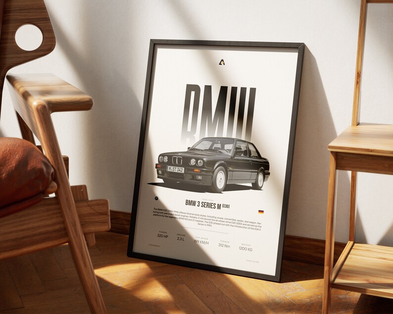 Może przedstawiać: Oprawiony wydruk z ilustracją czarnego samochodu BMW 3 Series M (E30). Na wydruku znajduje się słowo "BMW" dużymi, pogrubionymi literami. Poniżej zdjęcia samochodu wyświetlany jest tekst "BMW 3 SERIES M (E30)". Wydruk zawiera specyfikacje samochodu.