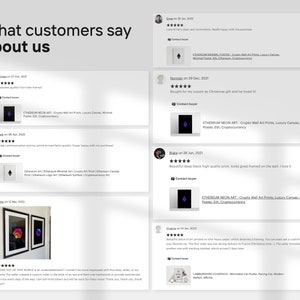May include: A webpage displays customer reviews with star ratings and comments. The reviews feature images of art prints, including Ethereum and cryptocurrency-themed designs. The page title reads "What customers say about us."