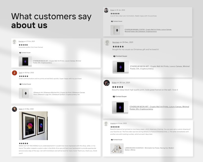 May include: A webpage displays customer reviews with star ratings and comments. The reviews feature images of art prints, including Ethereum and cryptocurrency-themed designs. The page title reads "What customers say about us."