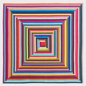 May include: A square quilt featuring a Big Log Cabin pattern by Tara Faughnan with concentric rectangular strips in various colors including red, orange, yellow, green, blue, purple, pink, and black. Text includes Big Log Cabin, pattern by tara faughnan, finished quilt size: baby to throw, various sizes up to 82", and Tara Faughnan Quilts Made in Oakland.