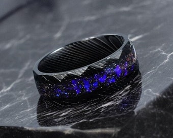 Galaxy Damascus Steel Black Hammered Pattern Ring, Carbon Fiber Style , Match Daily Outfits, Wedding band, With Wooden Box