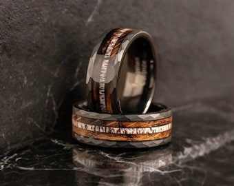 Hammered Black Tungsten Steel Ring, Banquet Party Holiday Birthday Anniversary Gift, Wedding Bands, With Wooden Box