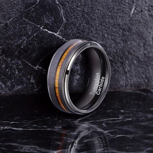 Men's Business Gentleman Tungsten Steel Ring, Black Retro Wood Grain Wide Finger Ring, Match Daily Outfits, Wedding band, With Wooden Box image 1