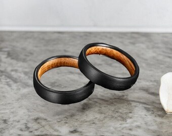 Black Tungsten Ring, Whiskey Barrel Wood Inlaid Ring, Wedding Ring For Man, Men Wedding Band Engagement Rings