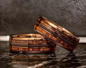 Guitar String Coffee Color Rose Golden Tungsten Steel Ring, Inlaid Whiskey Barrel Wood Grain Ring For Men, Wedding Bands, With Wooden Box