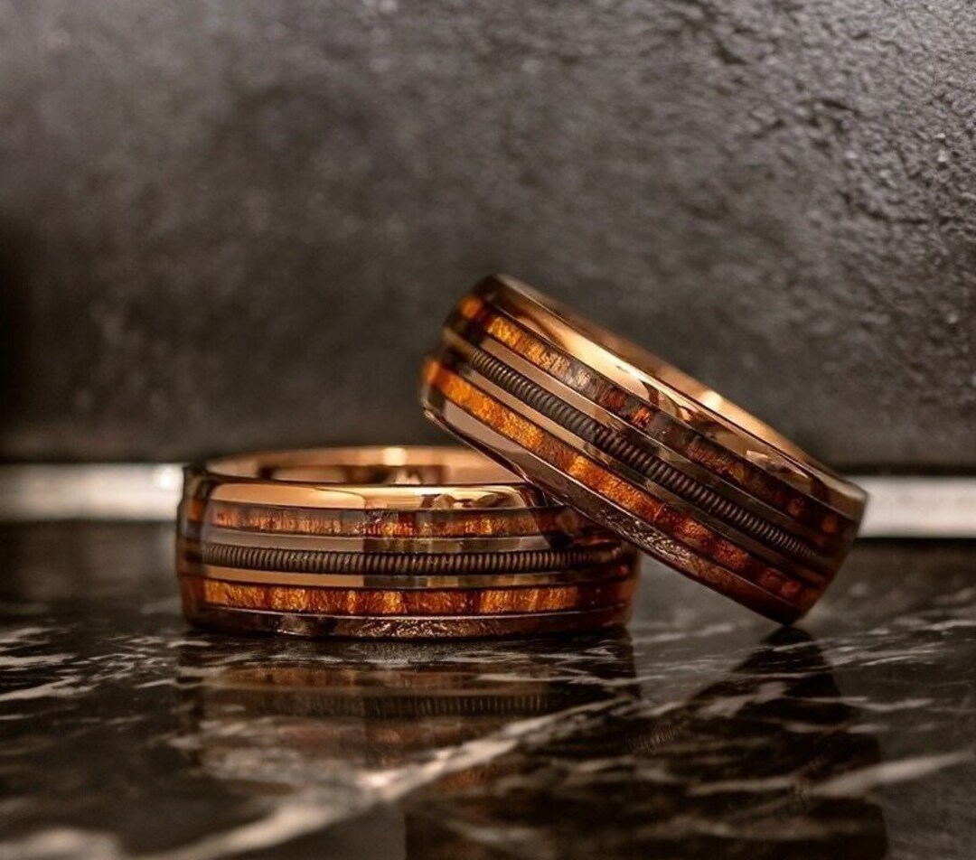 Burnt Guitar String Rose Gold Tungsten Ring Burn Whiskey Barrel Wood ...