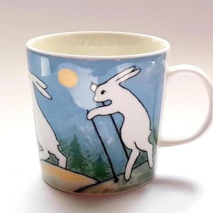 Arabia Finland Bunny Mug NORDIC WALKING Excellent Condition Original Barcode Sticker Design Heljä Liukko-Sundström Made in Finland