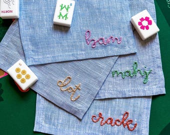 Mahjong Cocktail Napkins | Hand Embroidered Coasters | Crack Bam Dot Mahj Gift | Dragon Joker Flower Wind