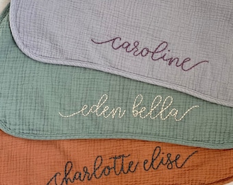 Hand Embroidered Muslin Burp Cloth | Boutique Baby Gift | Personalized Baby Keepsake