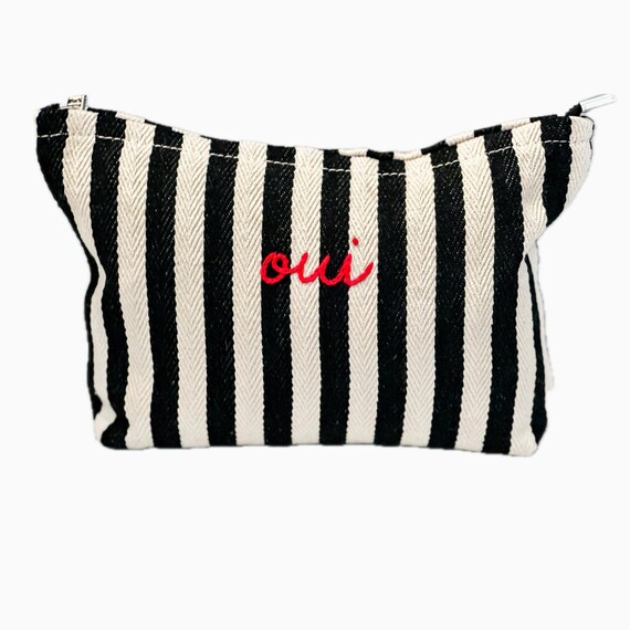 Hand Embroidered Canvas Pouch | Oui Makeup Bag with Hearts or Stripes | Modern Pencil Pouch