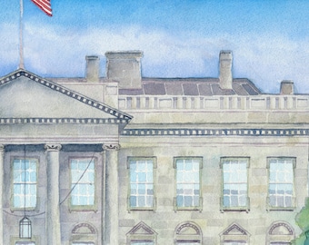 North Portico watercolor of The White House.  Fine art Print size is 11”x 14”.