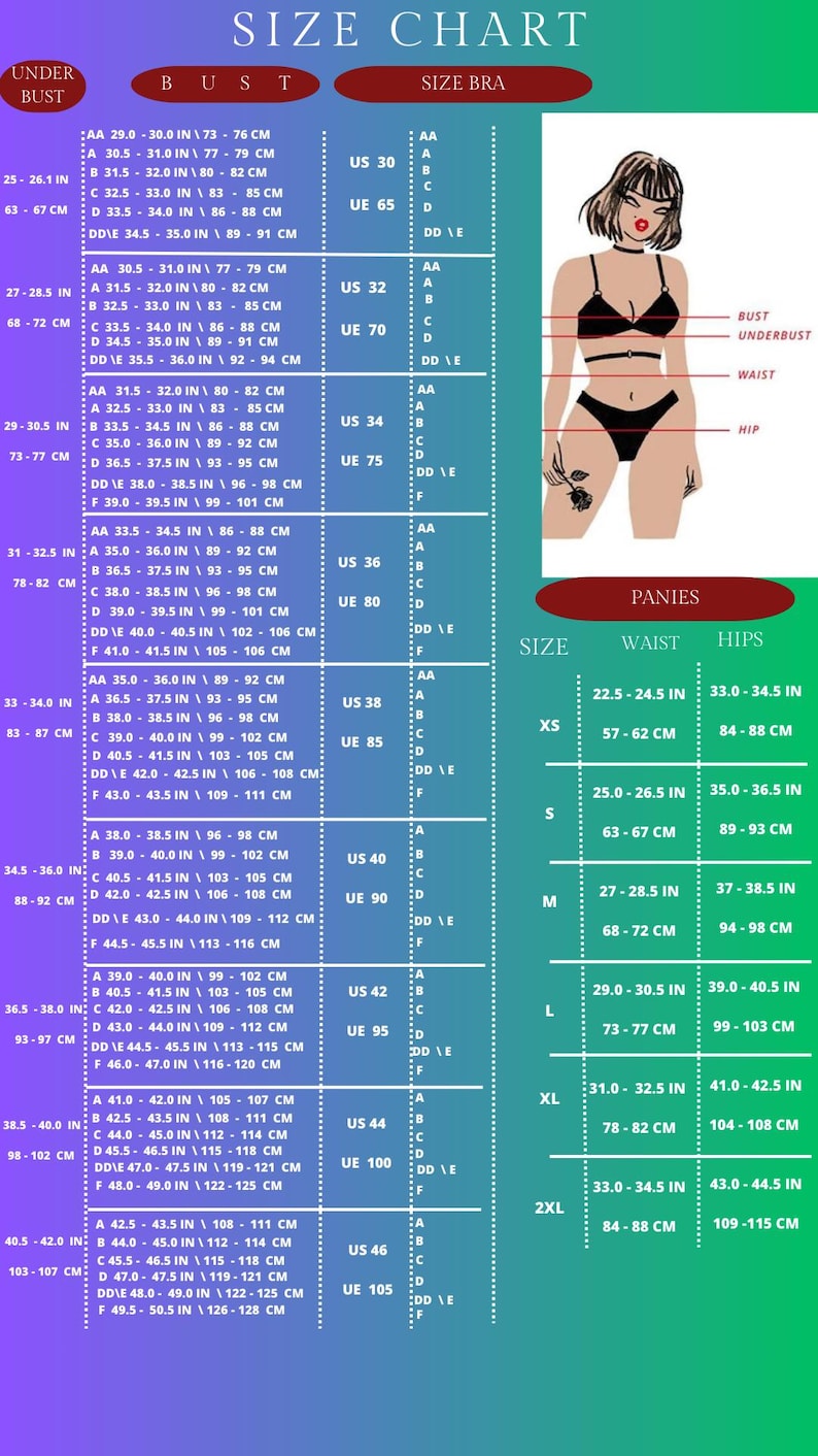 Puede incluir: Una tabla de tallas de lencer&iacute;a con medidas en pulgadas y cent&iacute;metros. Incluye medidas de busto, bajo busto, cintura y cadera, junto con tallas estadounidenses y europeas. Tambi&eacute;n se incluye un gr&aacute;fico de una mujer en lencer&iacute;a.
