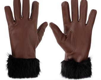 Genuine Leather Gloves, Faux Fur Cuff, Winter Driving Gloves (Black & Brown)