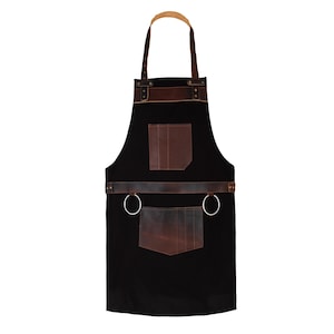 Black with Brown pocket Canvas Apron with Leather Pockets — Perfect for Butcher, Chef, BBQ, Barber, Woodwork, Blacksmith, Unisex Gift...