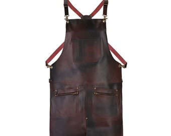 Handmade Full Grain Leather Apron, Dark Brown Split Leg with Zip Pockets
