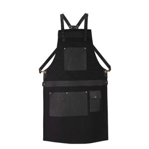 Premium Black Canvas Apron with Leather Pockets - Handmade, Durable & Adjustable for Chefs, Butchers, BBQ - 3 Large Pockets  1 Small Pocket.