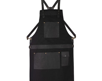 Handmade Black Canvas Apron: Leather Pockets, Adjustable Chef Apron