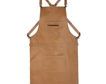 Personalised Real Leather Cross-Back Apron, Zippered Pockets, BBQ Chef Barber Woodworking (Tan)