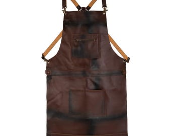 Personalised Real Leather Cross-Back Apron, Zippered Pockets, BBQ Chef Barber Woodworking (Brown)