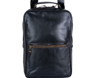 Handmade Black Leather Backpack: Full Grain Rucksack, College Travel Bag