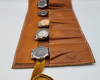 Full Grain Leather handmade Tan Watch Roll with Travel Pouch by Tanner London LTD Gift case