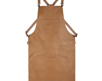 Full Grain Leather Cross-Back Apron, Multi-Pocket Workshop Wear (Tan)