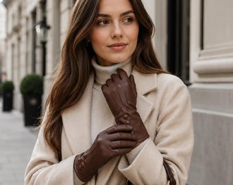 Genuine Leather Long Wrist Gloves, Vintage Style, Driving, Winter Warmth, Black Brown
