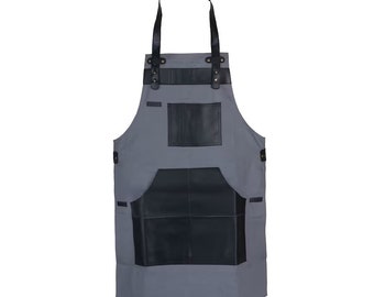 Grey Canvas & Leather Apron: Ideal Kitchen Gift for Him or Her. Perfect for Chefs, Cooks, Butchers, Bakers, Grill Enthusiasts..