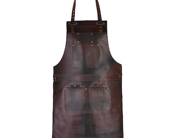 Dark Brown Full Grain Leather Apron: Handmade Crossbody Bib Apron