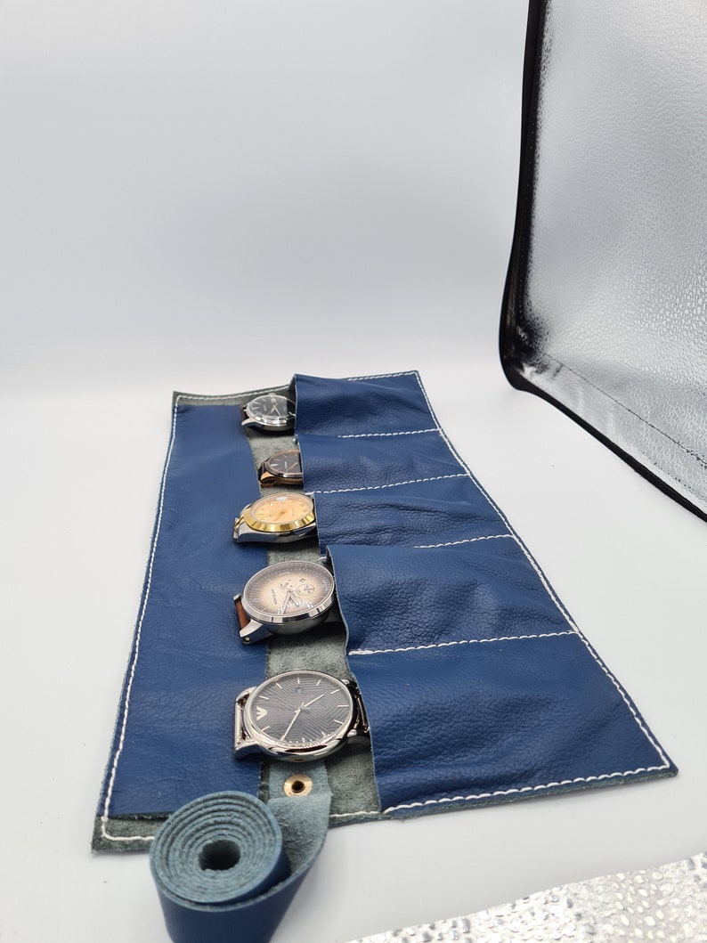 Handmade Full Grain Leather Watch Roll With Travel Pouch Leather Watch Holder Watch Organizer By Tanner London LTD Gift Case Blue