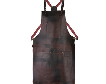 Premium Full Grain Leather Apron - Butcher, Cook, Barber, Woodwork, Blacksmith - Crossbody Bib Design - Dark Brown Green, Black- Unisex Gift