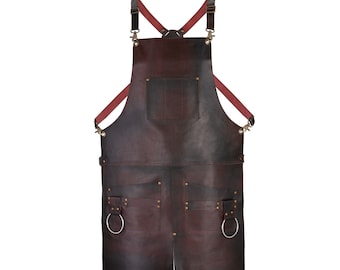 Premium Full Grain Leather Apron - Dark Brown,2 Big Pockets and Tool Holder-Split Leg Design-Butcher,Chef,BBQ,Barber,Blacksmith Unisex Gift.