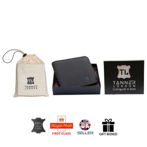 Carteira masculina de couro real com dobra dupla de carbono RFID Caixa de presente Bolsa artesanal Black Tanner London
