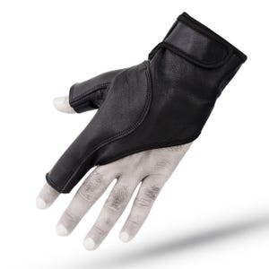 May include: A black leather fingerless glove featuring a reinforced index finger sleeve and a secure wrist strap with a hook-and-loop closure. The design covers the back of the hand and the thumb, leaving the middle, ring, and pinky fingers exposed.