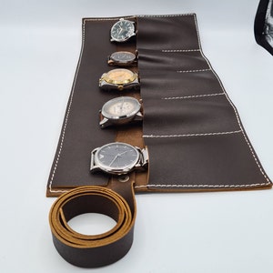 Handmade Full Grain Leather Watch Roll With Travel Pouch Leather Watch Holder Watch Organizer By Tanner London LTD Gift Case Brown