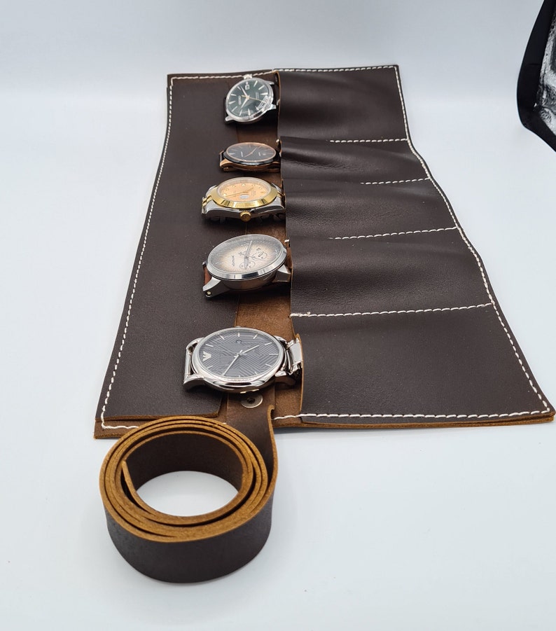 Handmade Full Grain Leather Watch Roll With Travel Pouch Leather Watch Holder Watch Organizer By Tanner London LTD Gift Case Brown