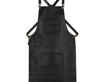 Personalised Real Leather Cross-Back Apron, Zippered Pockets, BBQ Chef Barber Woodworking (Black)