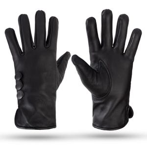 May include: A pair of black leather gloves shown from the front and back. The left glove features three circular black buttons along the outer wrist area. Both gloves have a smooth texture, stitched seams, and a simple cuff design at the base.