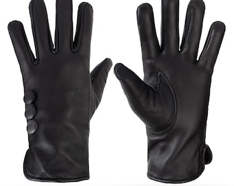 Genuine Sheepskin Leather Gloves, Warm Fleece Lined, Elegant Button Detail (Black/Brown)