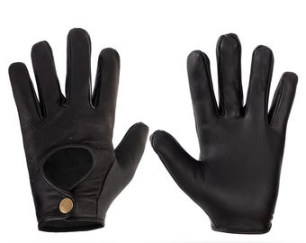Genuine Leather Driving Gloves, Vintage Full Finger, Perforated Detail, Press-Stud Closure (Black/Brown)