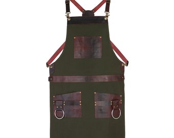 Green Canvas Apron with Leather Pockets—2 Big Pockets, 3 Small Holders—Perfect for Butcher,Chef, BBQ, Barber, Woodwork, Blacksmith,and Gifts