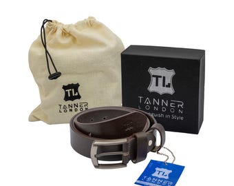 Men's Genuine Full Grain Leather Belt | Classic Brown Casual Formal Tanner London