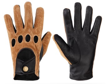Genuine Leather Driving Gloves – Retro Perforated Motorcycle Cycling Open-Knuckle Wrist Strap