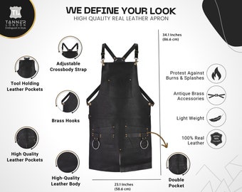 Split Leg Design Leather Apron Black, 2 Big Pockets, and Tool Holder—Butcher, Cook, BBQ, Barber, Woodwork, Blacksmith—Unisex Gift...
