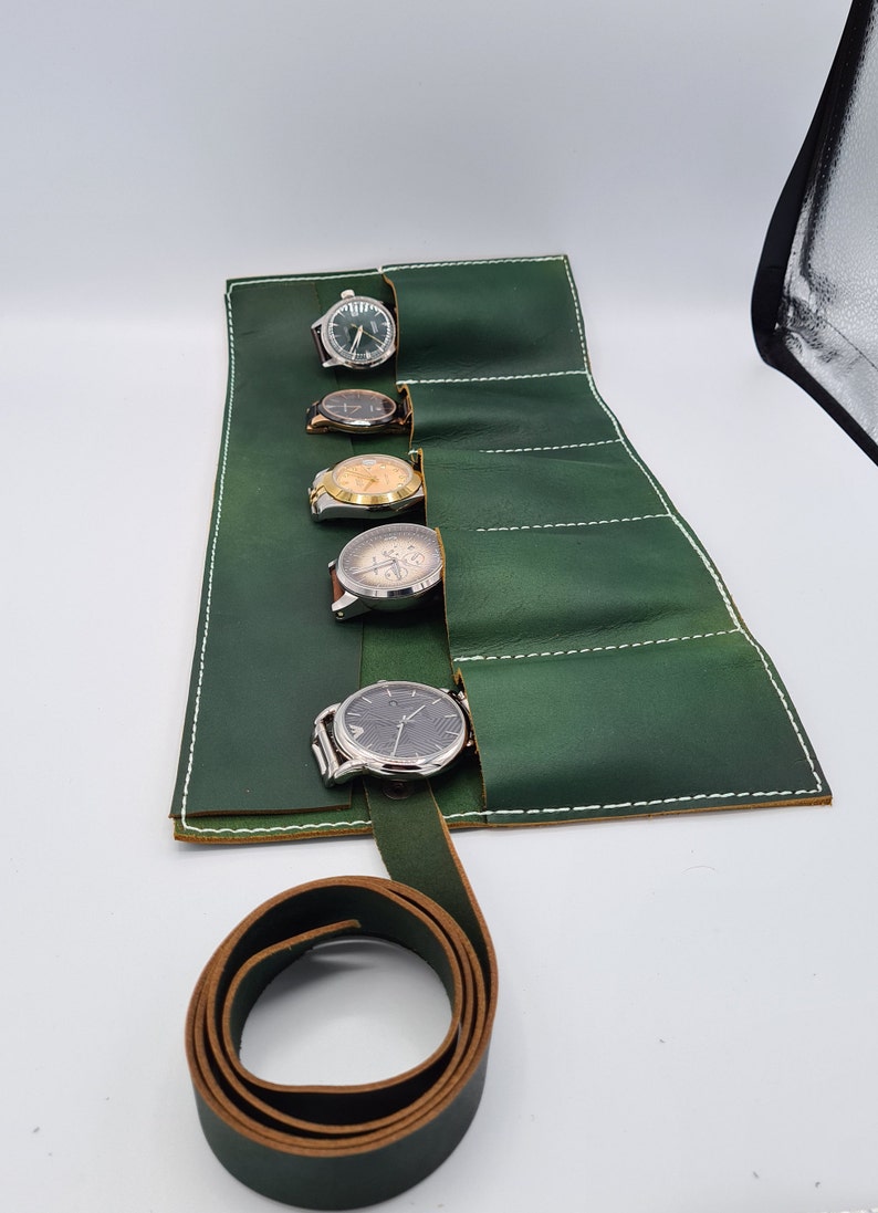 Handmade Full Grain Leather Watch Roll With Travel Pouch Leather Watch Holder Watch Organizer By Tanner London LTD Gift Case Green
